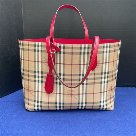 burberry haymarket colours check leather reverse tote red|Burberry haymarket check tote bag.